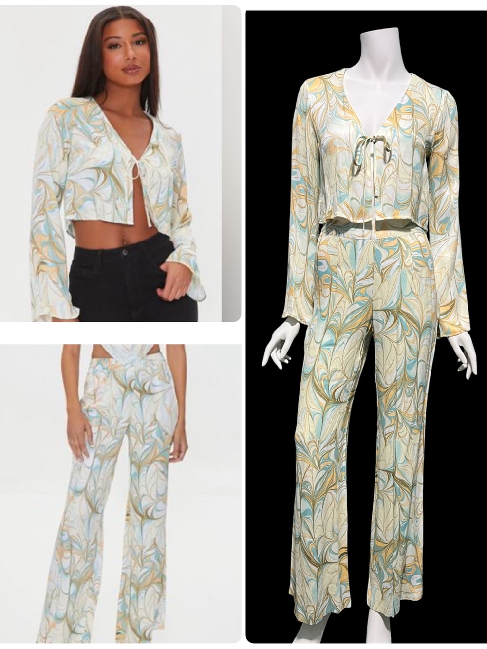 Forever 21 Abstract Swirl Print Satin Wide Leg Pants & Front Tie Top Set S NWT
